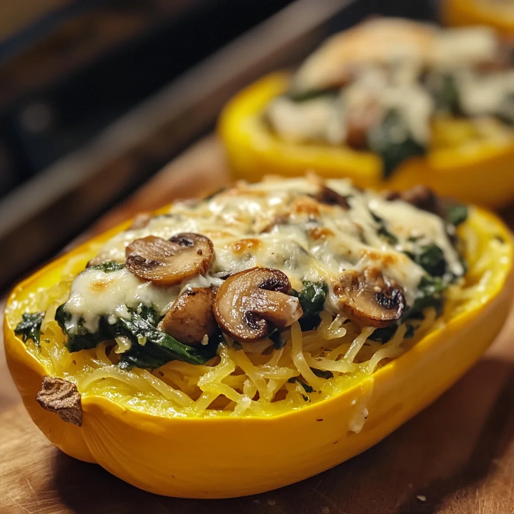 5-Minute Creamy Spinach and Mushroom Stuffed Spaghetti Squash