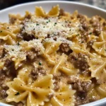 Creamy Parmesan Garlic Beef Bowtie Pasta