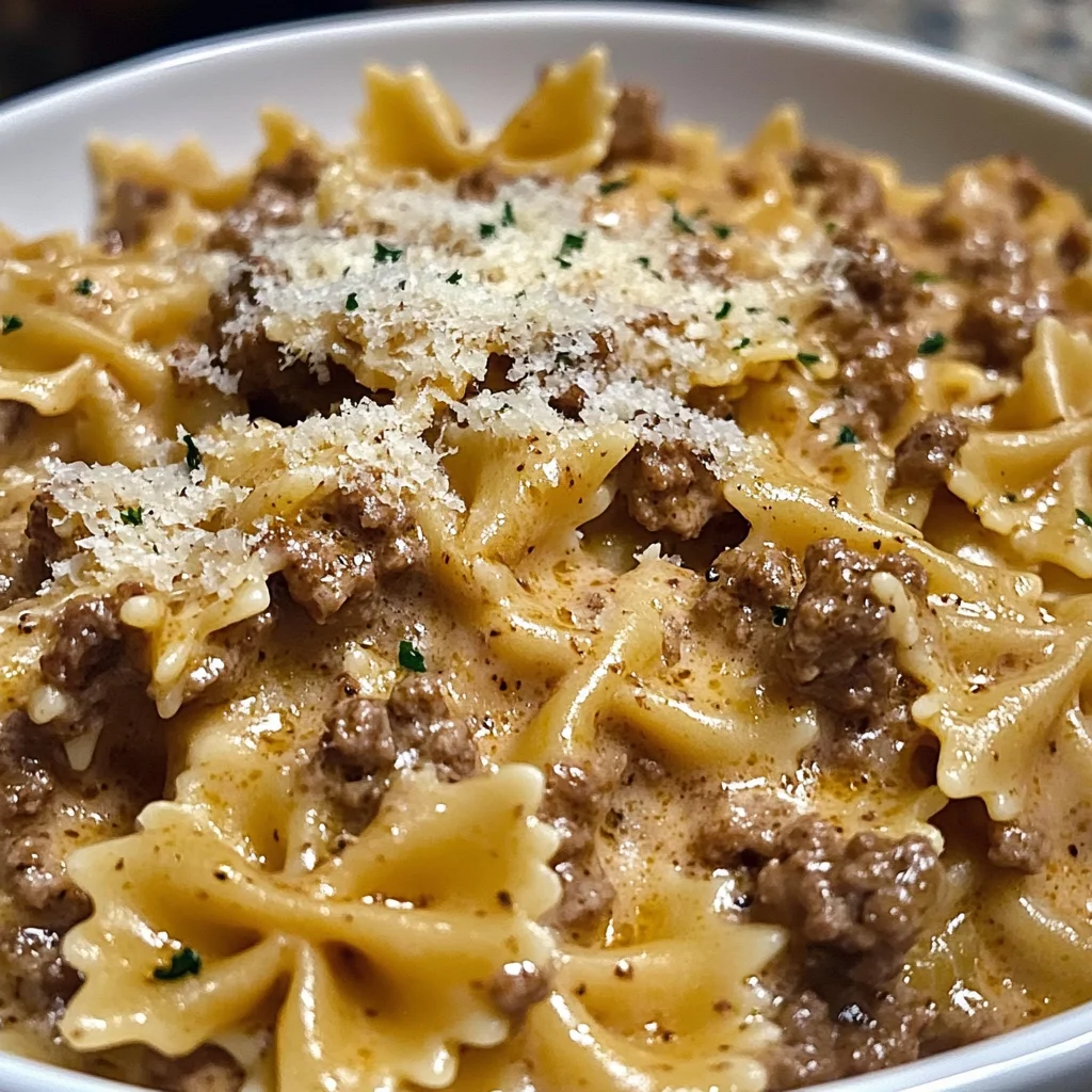 Creamy Parmesan Garlic Beef Bowtie Pasta