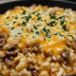 Garlic Butter Beef and Rice Skillet with Cheddar Parmesan Sauce