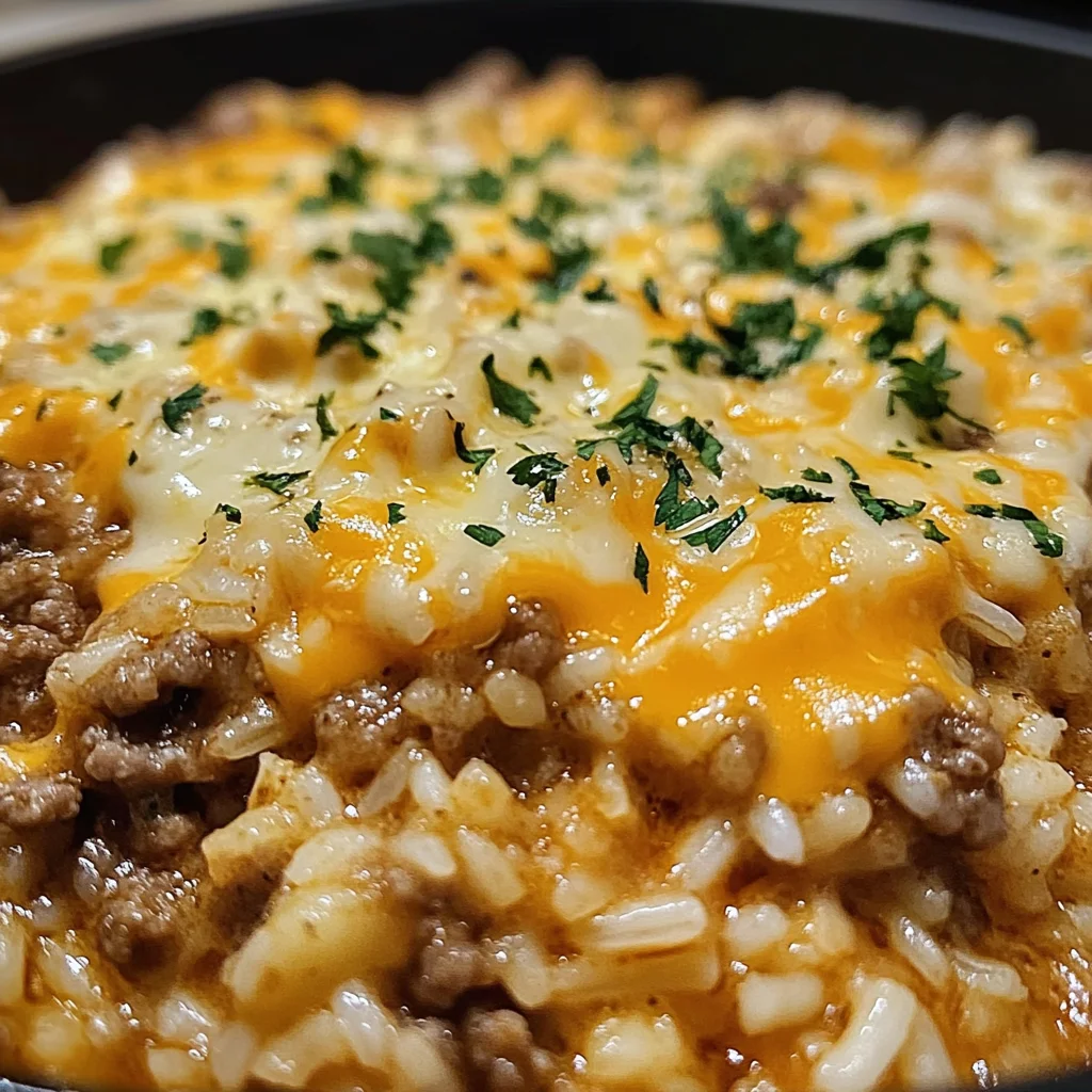 Garlic Butter Beef and Rice Skillet with Cheddar Parmesan Sauce