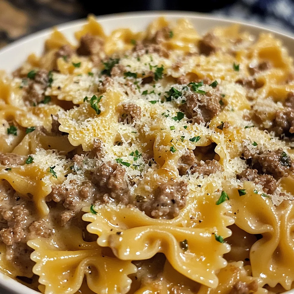 Made this Garlic Parmesan Bowtie Pasta with Creamy Beef tonight and it hit the spot! Super easy, super cheesy, and packed with flavor.