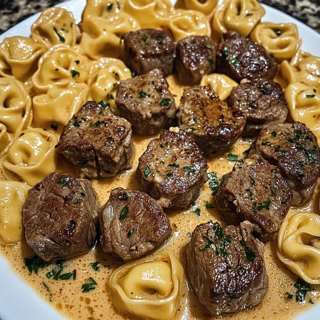 SMOTHERED STEAK BITES IN CREAMY VELVEETA TORTELLINI