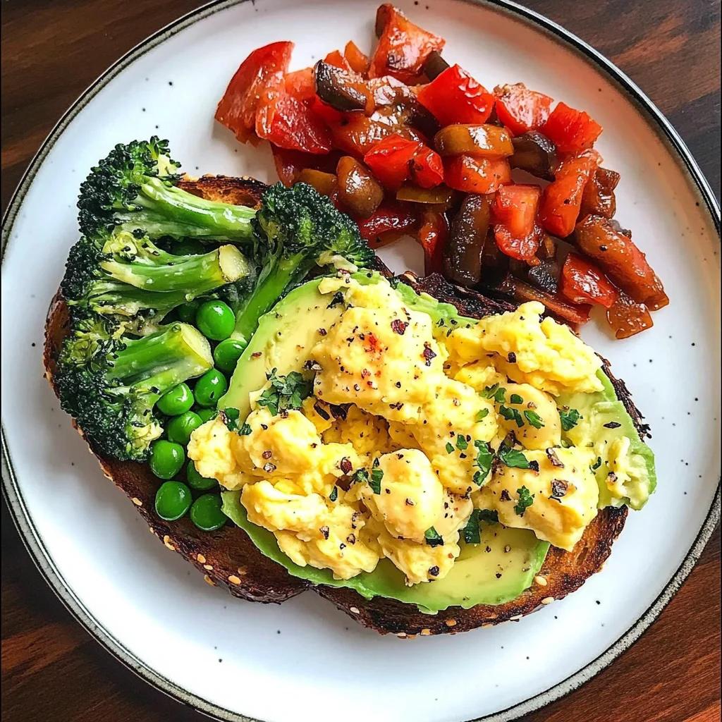 Avocado Toast with Scrambled Eggs & Sauted Veggies