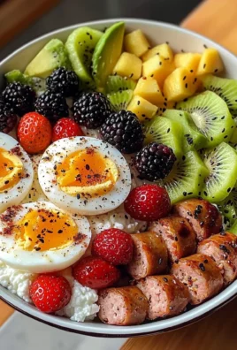 Colorful Cottage Cheese Breakfast Bowl with Soft-Boiled Eggs & Fruit