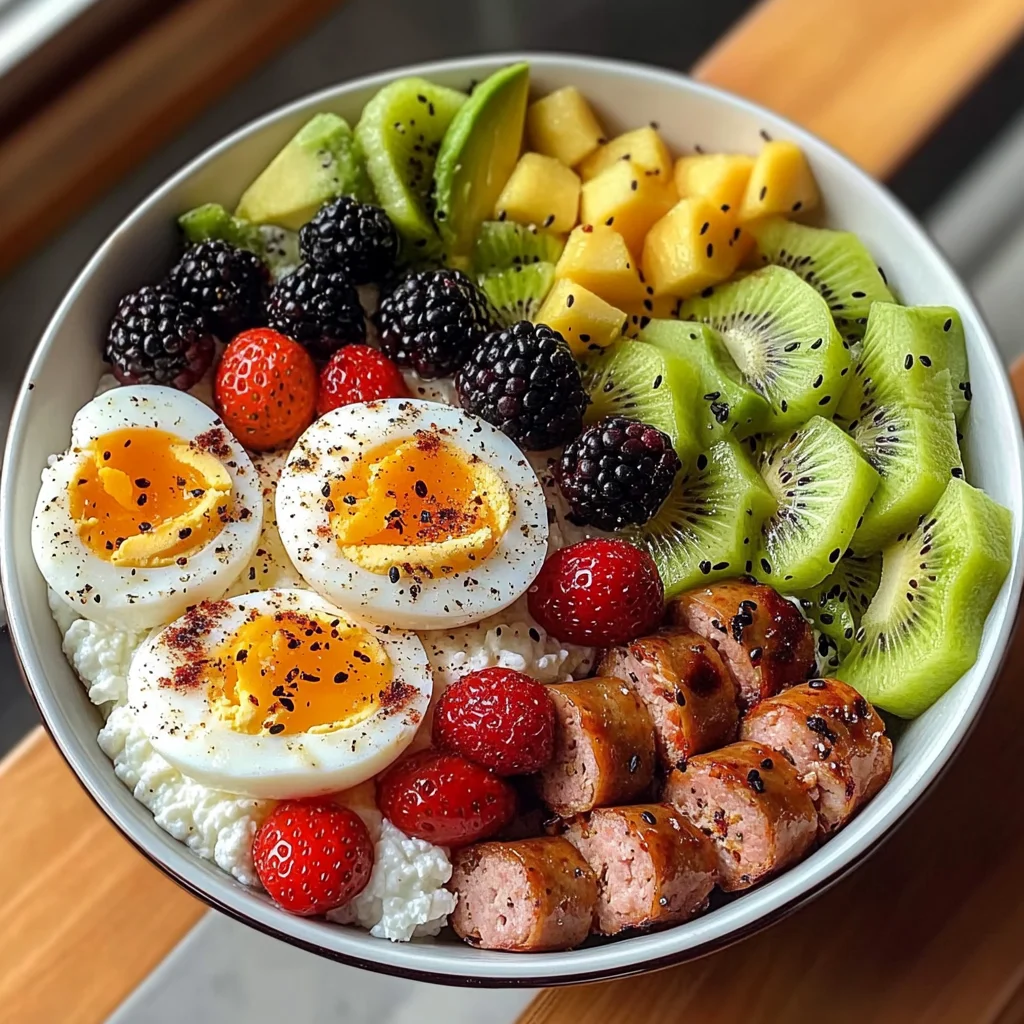 Colorful Cottage Cheese Breakfast Bowl with Soft-Boiled Eggs & Fruit