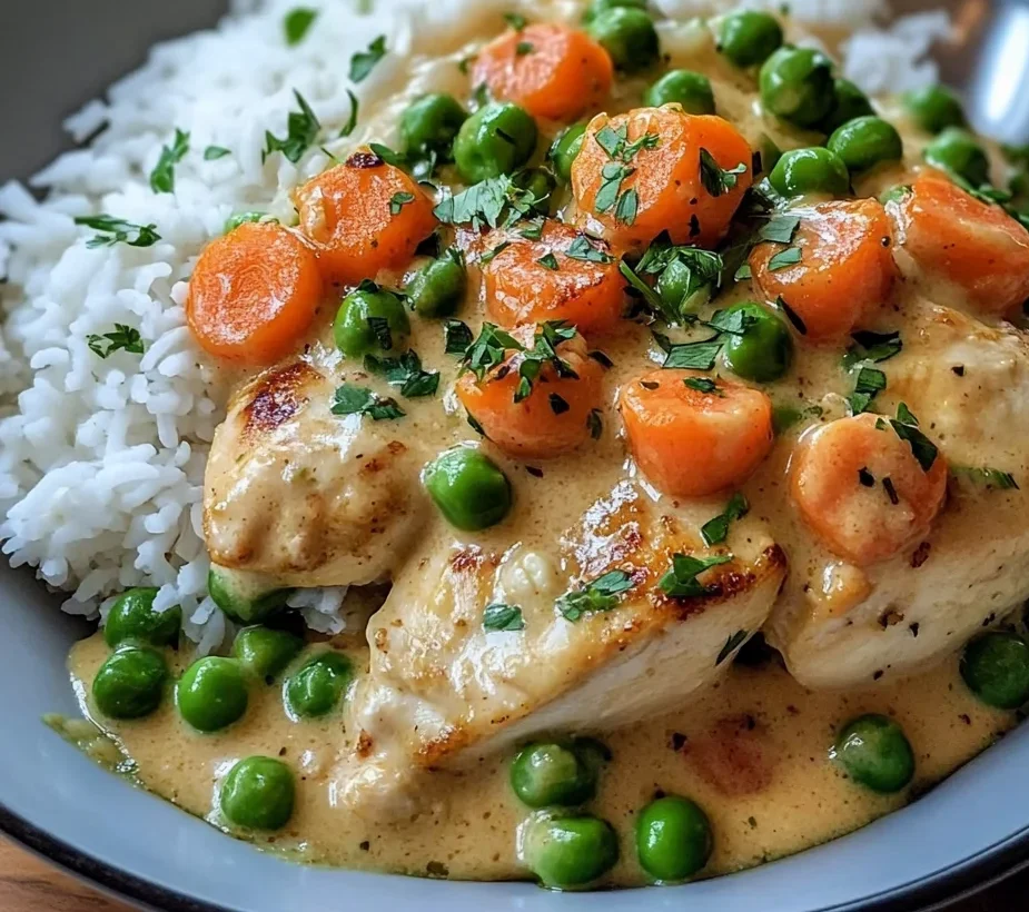 Creamy Chicken with Peas & Carrots over Rice