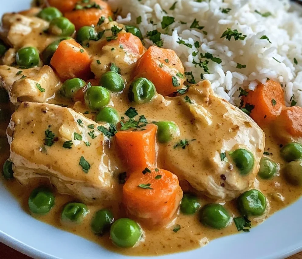 Creamy Chicken with Peas & Carrots over Rice