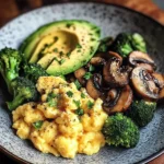 Creamy Scrambled Eggs with Avocado, Sautéed Mushrooms & Broccoli
