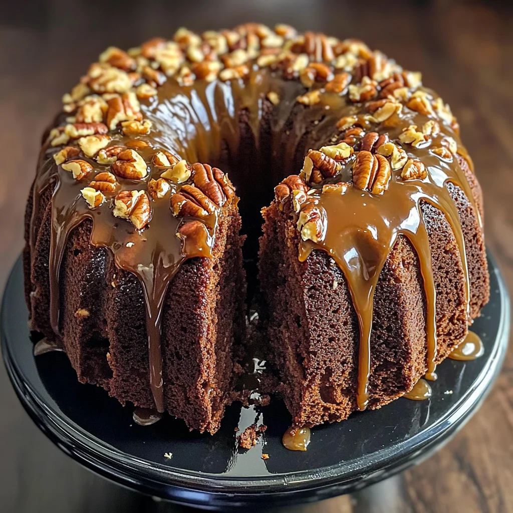 German Chocolate Bundt Cake with Caramel Pecan Topping