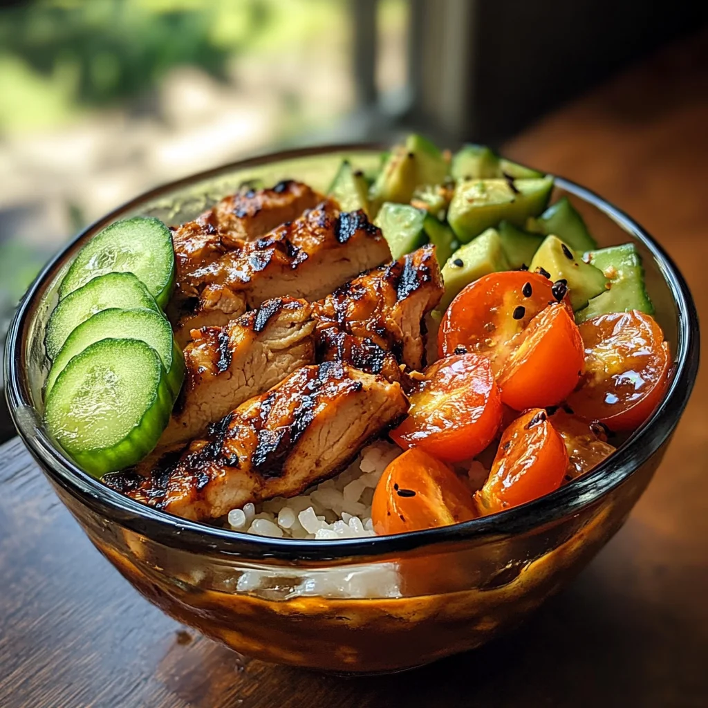 Grilled Chicken Rice Bowl with Avocado, Cucumber & Cherry Tomatoes