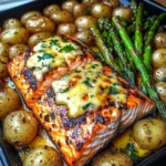 Grilled Salmon with Garlic Potatoes & Cheesy Asparagus