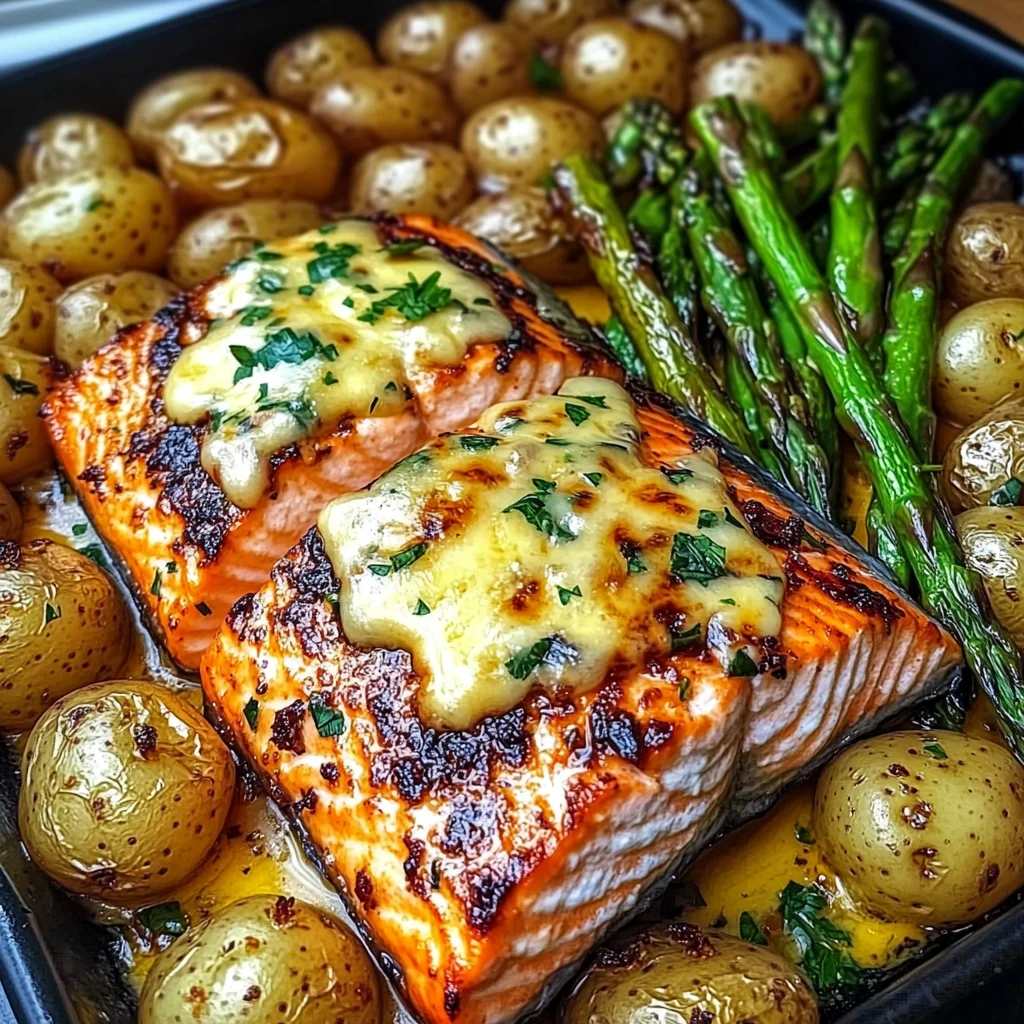 Grilled Salmon with Garlic Potatoes & Cheesy Asparagus