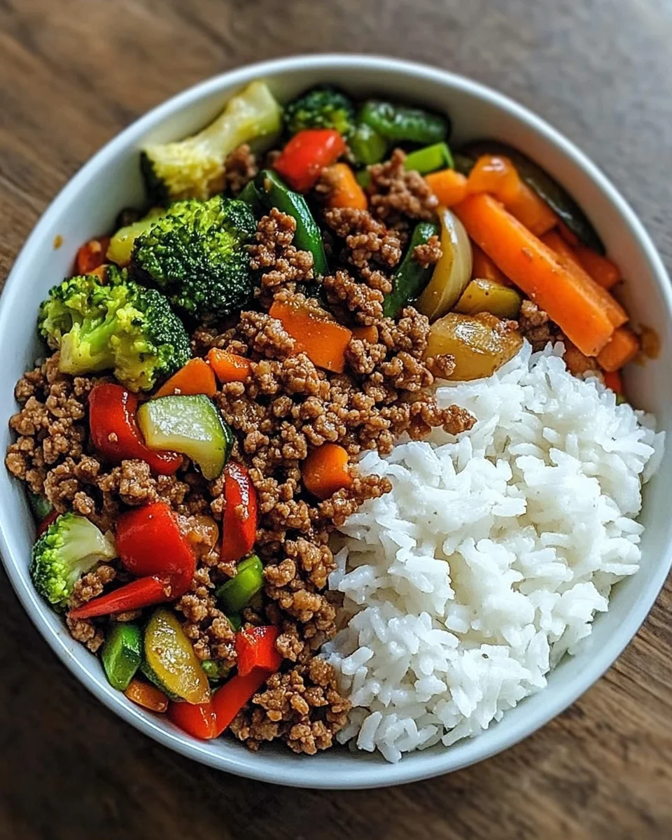 Ground Beef Veggie Stir-Fry Bowl with Fluffy Rice
