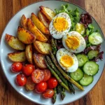 Roasted Potato Wedges with Asparagus, Jammy Eggs & Fresh Garden Salad
