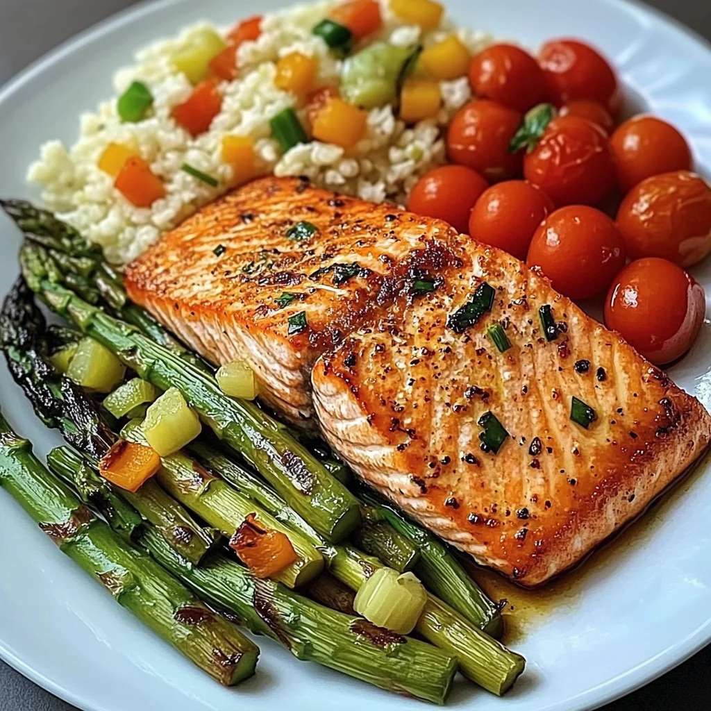 Seared Salmon with Asparagus, Cherry Tomatoes & Cauliflower Rice