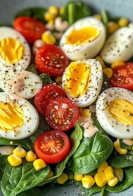 Spinach Salad with Soft-Boiled Eggs, Cherry Tomatoes, Corn & Creamy Dressing