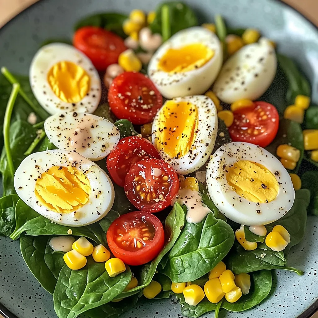 Spinach Salad with Soft-Boiled Eggs, Cherry Tomatoes, Corn & Creamy Dressing