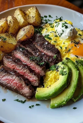 Steak, Cheesy Scrambled Eggs & Herb Potatoes