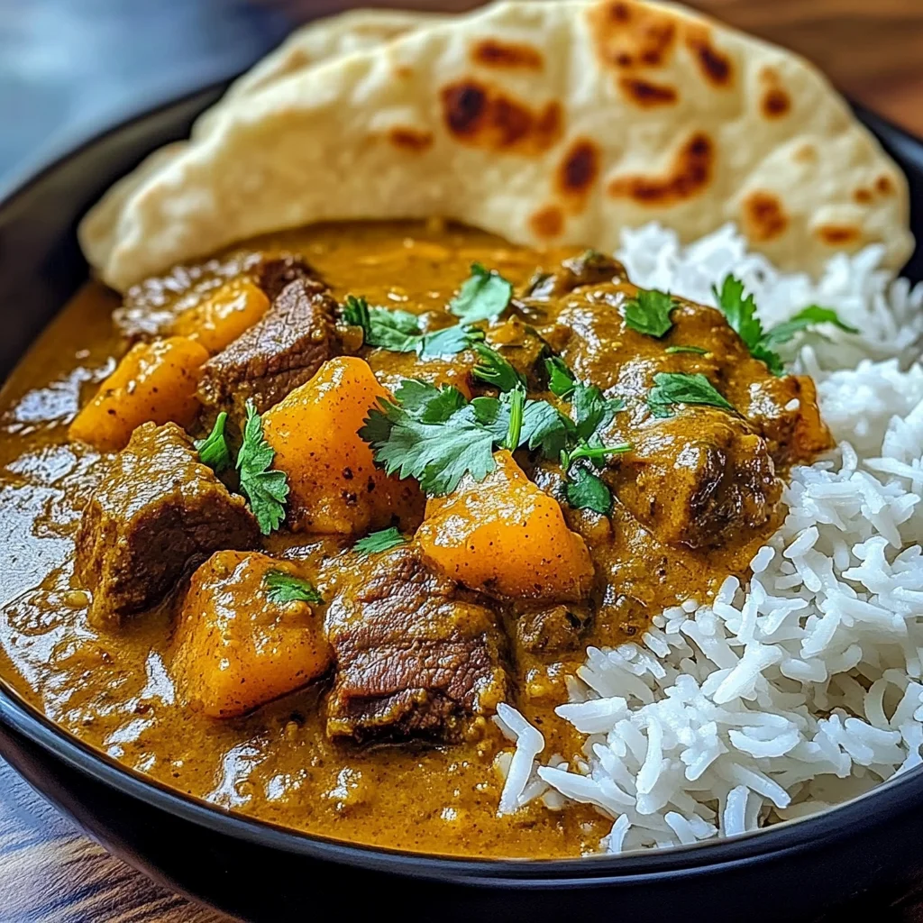 Coconut Beef Curry with Fragrant Basmati Rice and Naan