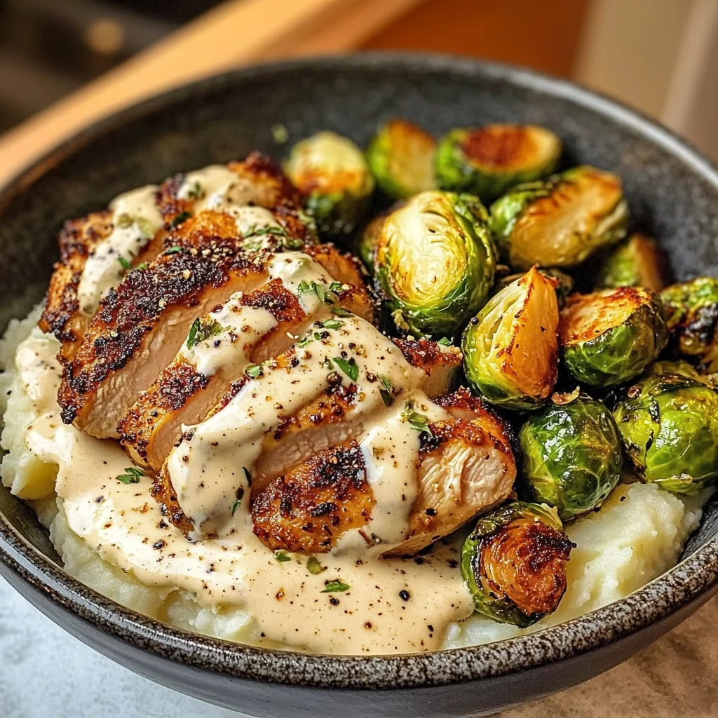 Creamy Black Pepper Chicken Bowl with Crispy Brussels & Mash