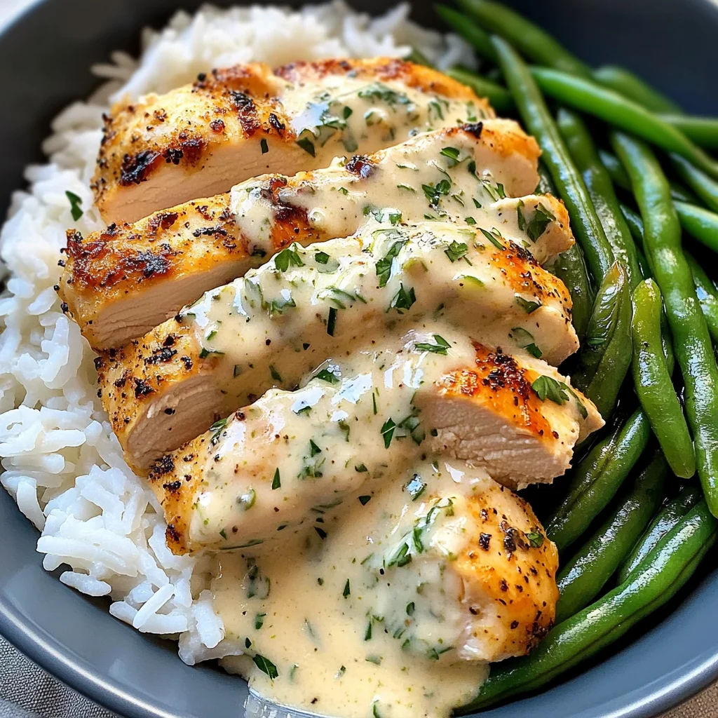Creamy Herb Chicken with Fluffy Rice & Green Beans