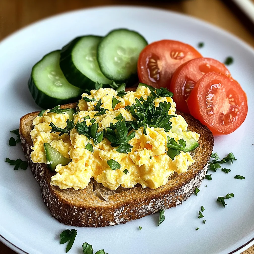 Creamy Scrambled Egg Toast with Fresh Cucumber & Tomato Slices