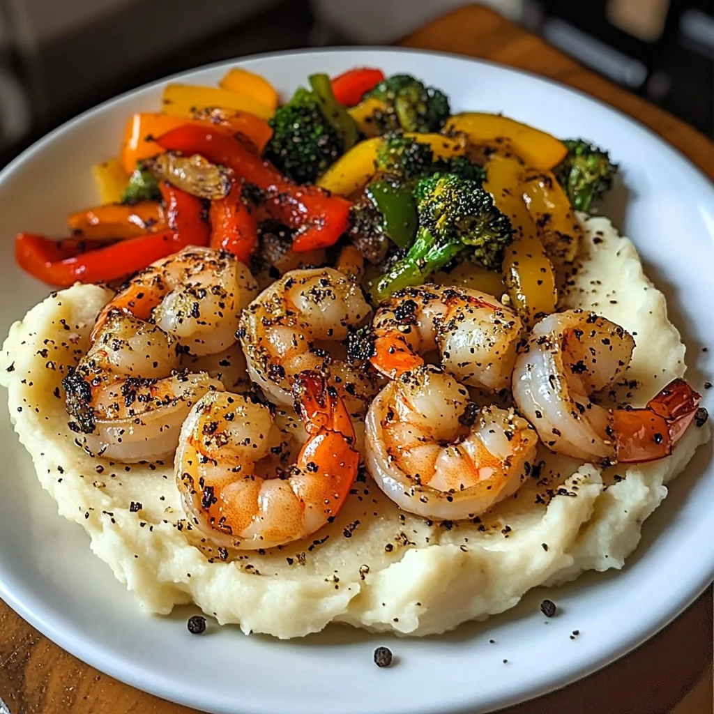 Garlic Butter Shrimp with Sautéed Veggies & Creamy Mashed Potatoes