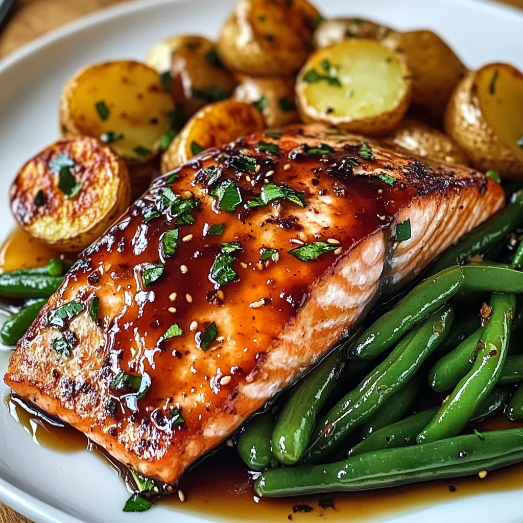 Honey-Glazed Salmon with Garlic Green Beans & Crispy Potatoes