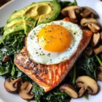 Pan-Seared Salmon with Sunny Egg, Sautéed Spinach, Mushrooms & Avocado