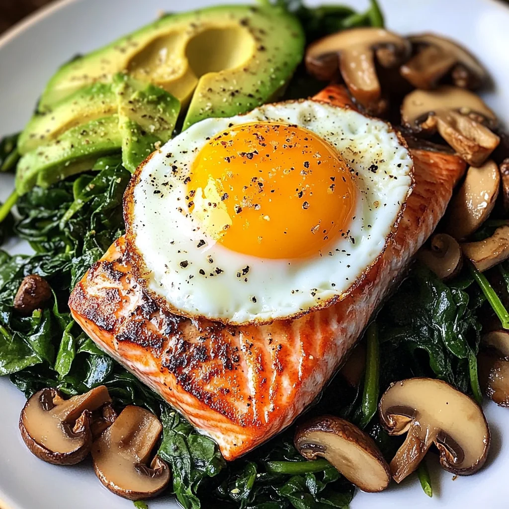 Pan-Seared Salmon with Sunny Egg, Sautéed Spinach, Mushrooms & Avocado
