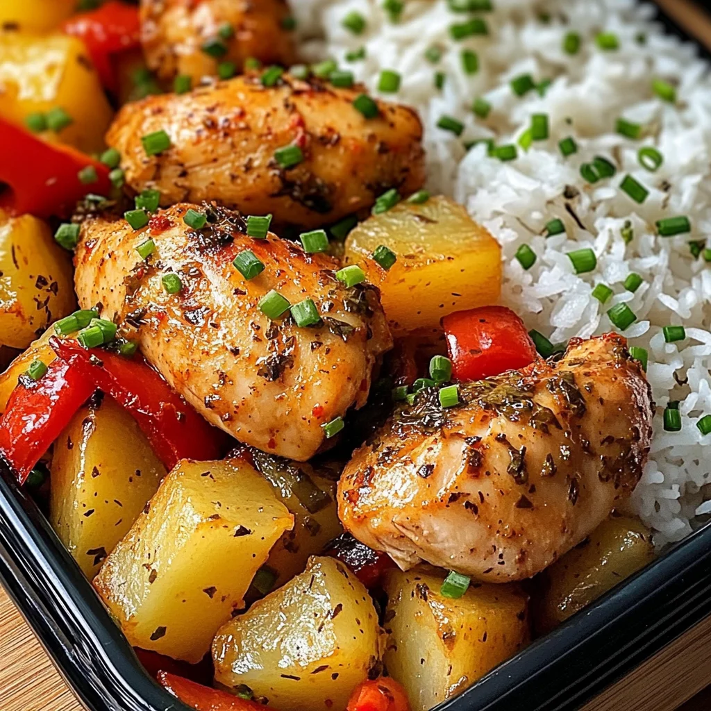 Savory Herb Chicken with Roasted Potatoes, Bell Peppers & Steamed Rice