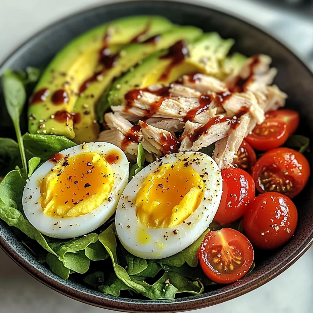 Avocado & Jammy Egg Salad Bowl with Shredded Chicken & Tomatoes