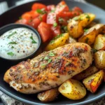 Herb Chicken with Roasted Potatoes, Tomato Salad & Yogurt Dip
