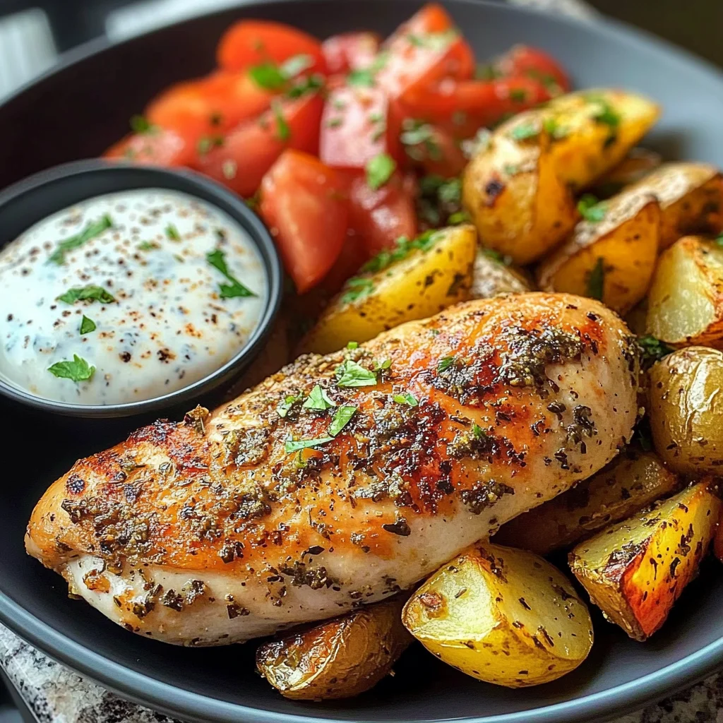 Herb Chicken with Roasted Potatoes, Tomato Salad & Yogurt Dip