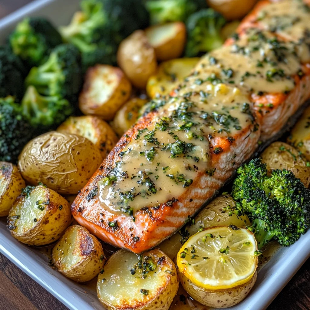 Lemon Butter Salmon with Crispy Potatoes and Roasted Broccoli