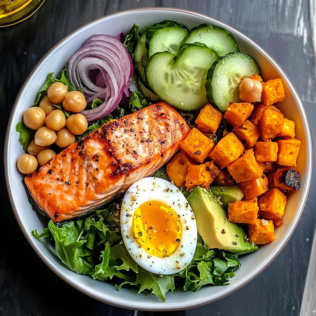 Omega Bowl: Salmon, Jammy Egg & Greens with Chickpeas & Sweet Potato
