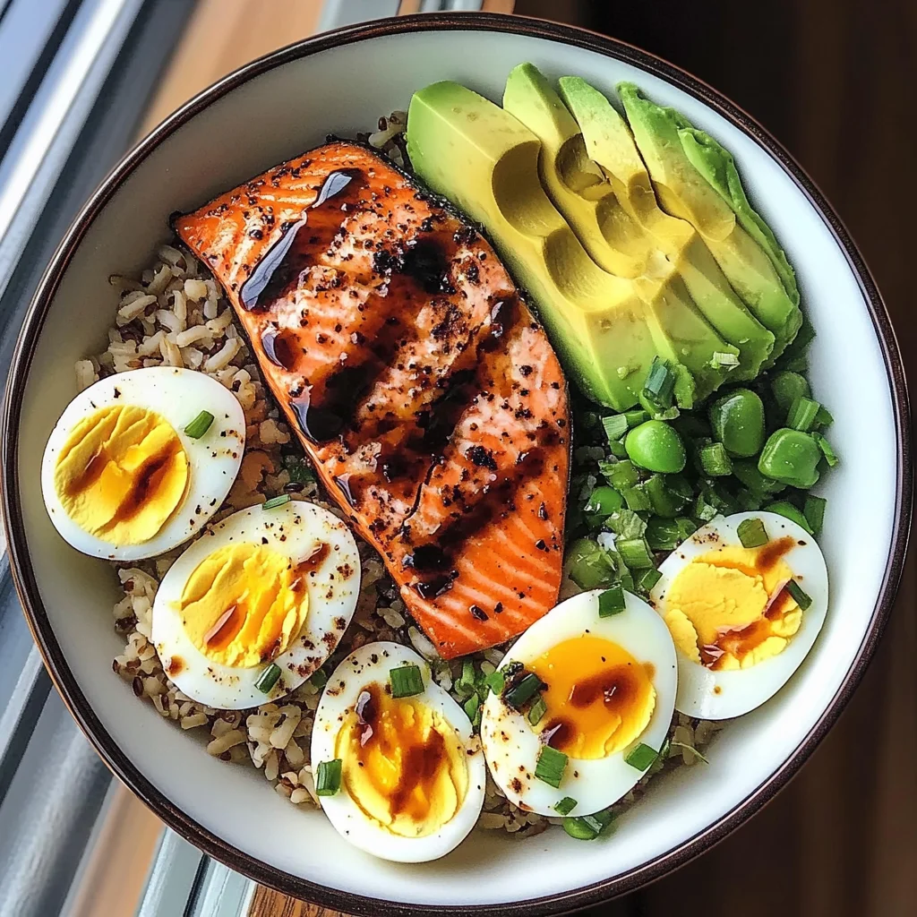 Salmon, Brown Rice & Soft-Boiled Egg Bowl with Avocado