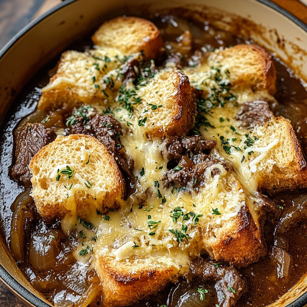 French Onion Beef Stew with Cheesy Bread Topping: A Cozy Gourmet Delight
