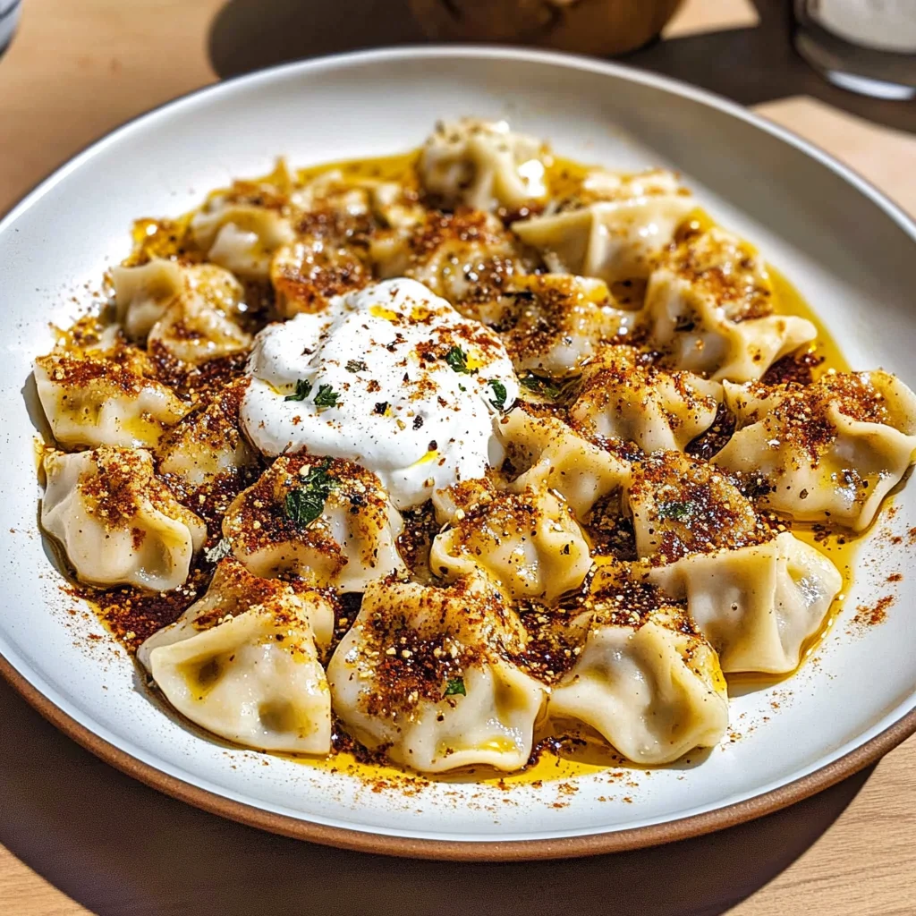 Manti (Turkish Dumplings) with Garlicky Yogurt and Spiced Oil